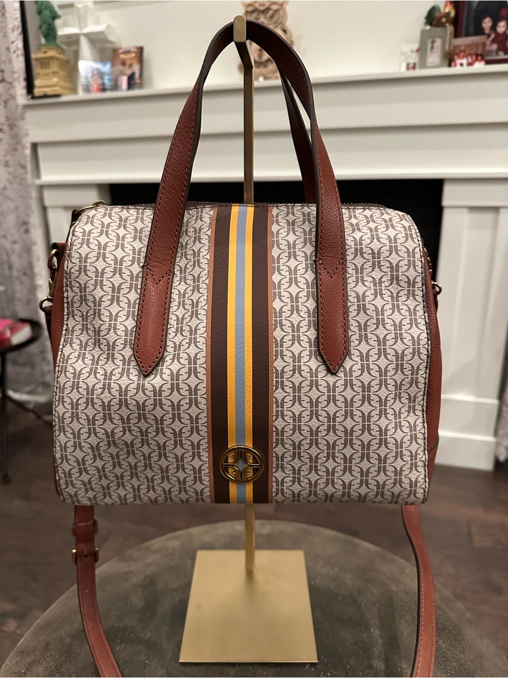 Fossil Monogram Stripe Dome Messenger Bag in Brown